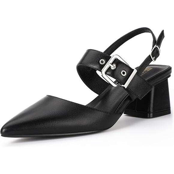 New Idifu Women 9 Black Faux Leather 2.75" Block Heel Pointy Toe Buckle Shoes - Picture 1 of 6